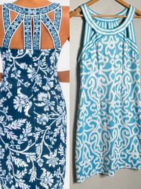 Gretchen Scott Isosceles Dress Blue White Signature Stretch Fabric Sleeveless